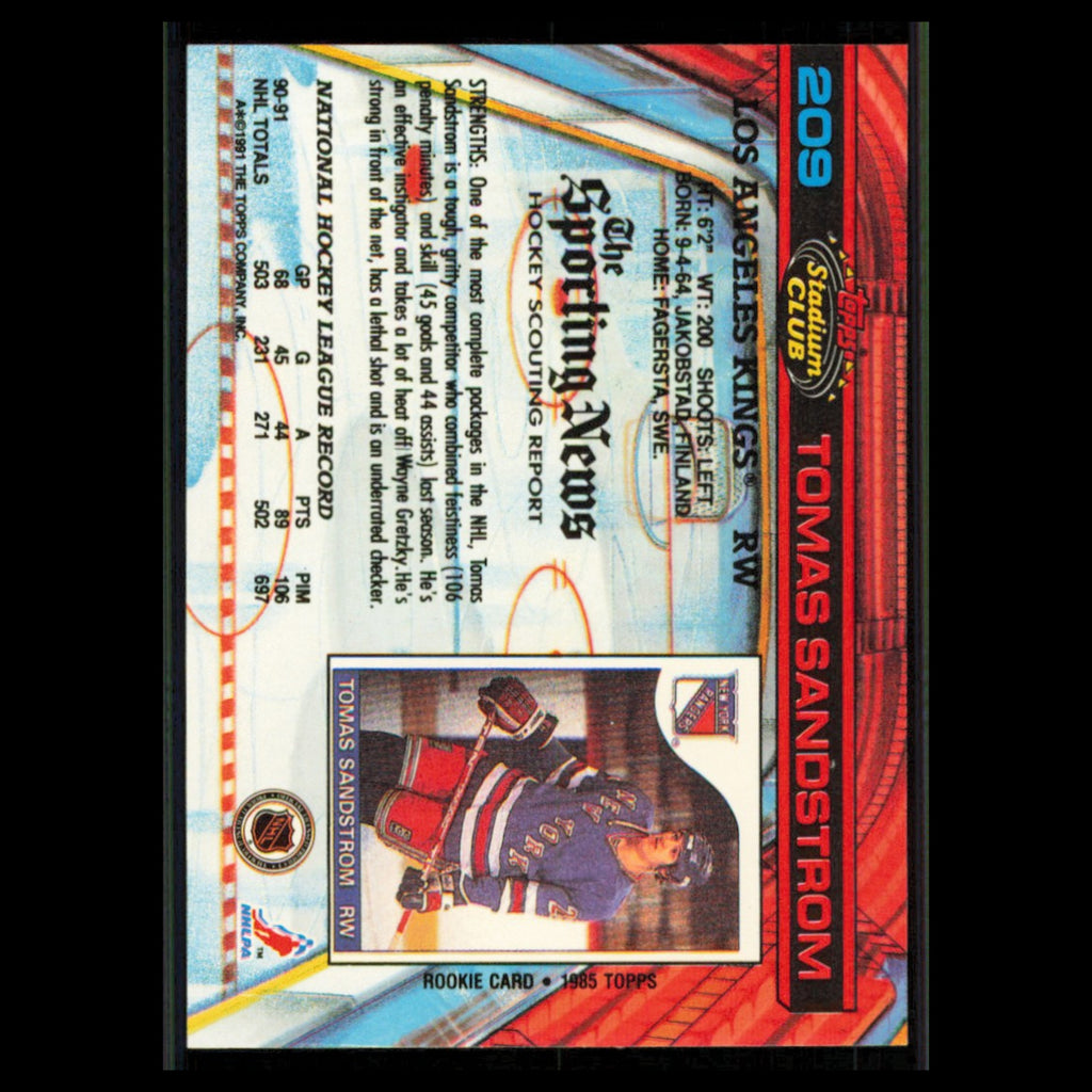 Tomas Sandstrom #209 1991 Topps Stadium Club Los Angeles Kings Hockey Card NHL