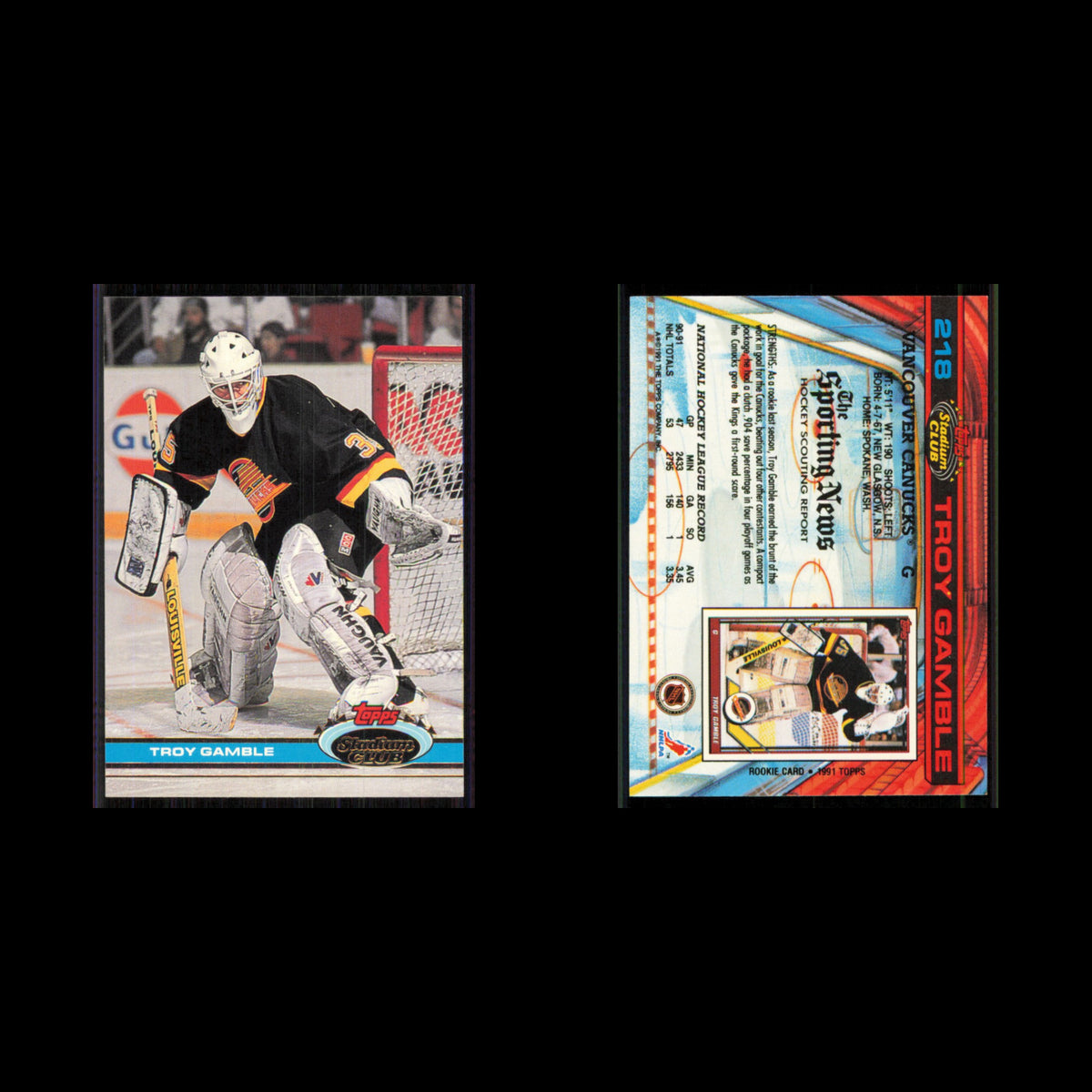 Troy Gamble #218 1991 Topps Stadium Club Vancouver Canucks Hockey Card NHL NM