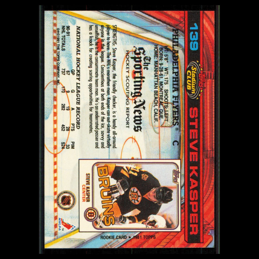 Steve Kasper #139 1991 Topps Stadium Club Philadelphia Flyers Hockey Card NHL NM