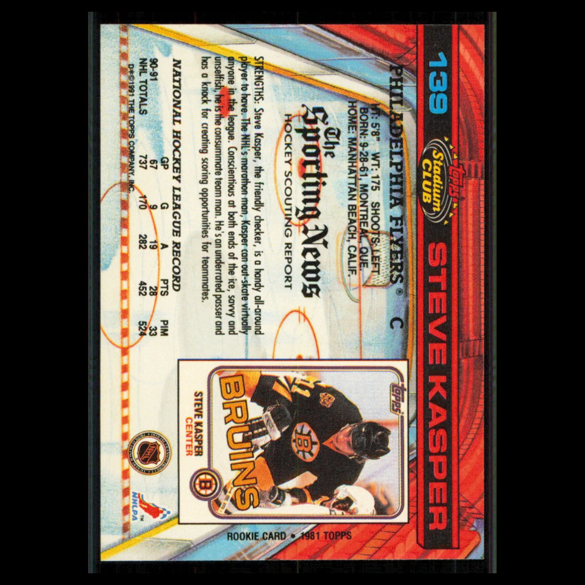 Steve Kasper #139 1991 Topps Stadium Club Philadelphia Flyers Hockey Card NHL NM