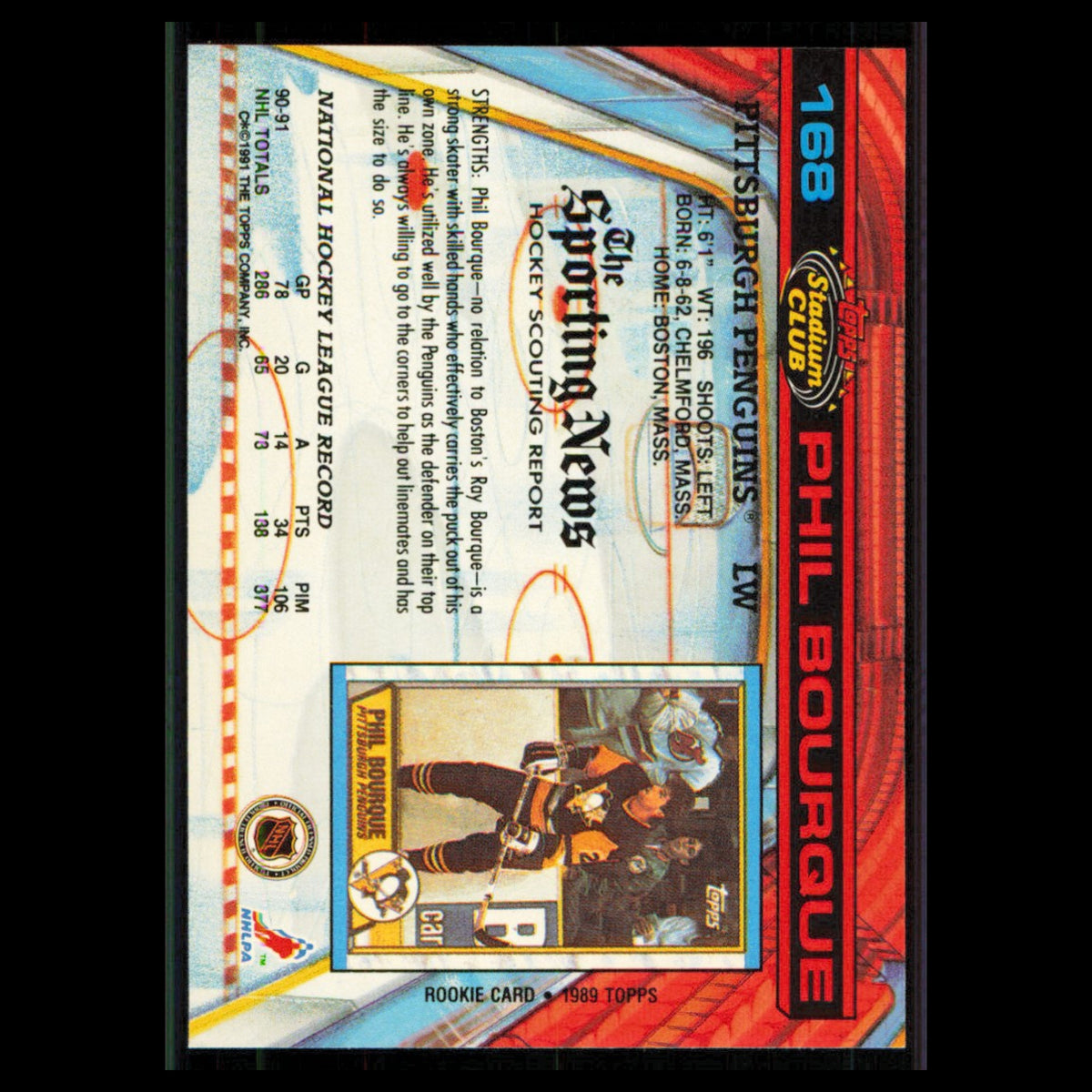 Phil Bourque #168 1991 Topps Stadium Club Pittsburgh Penguins Hockey Card NHL NM