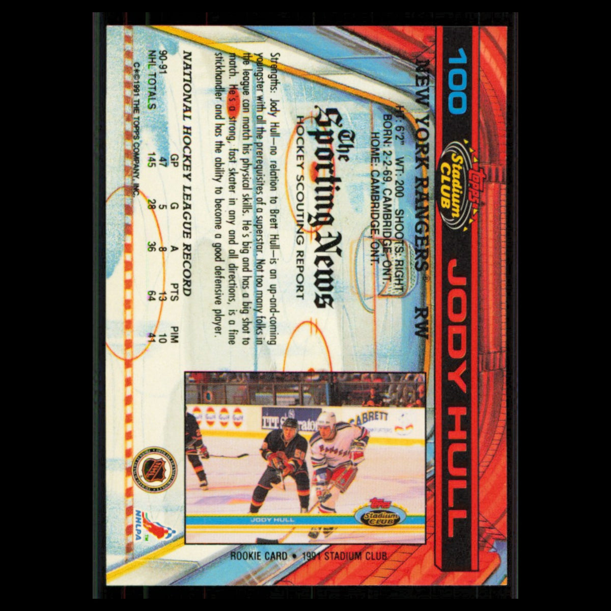 Jody Hull #100 1991 Topps Stadium Club New York Rangers Hockey Card NHL NM