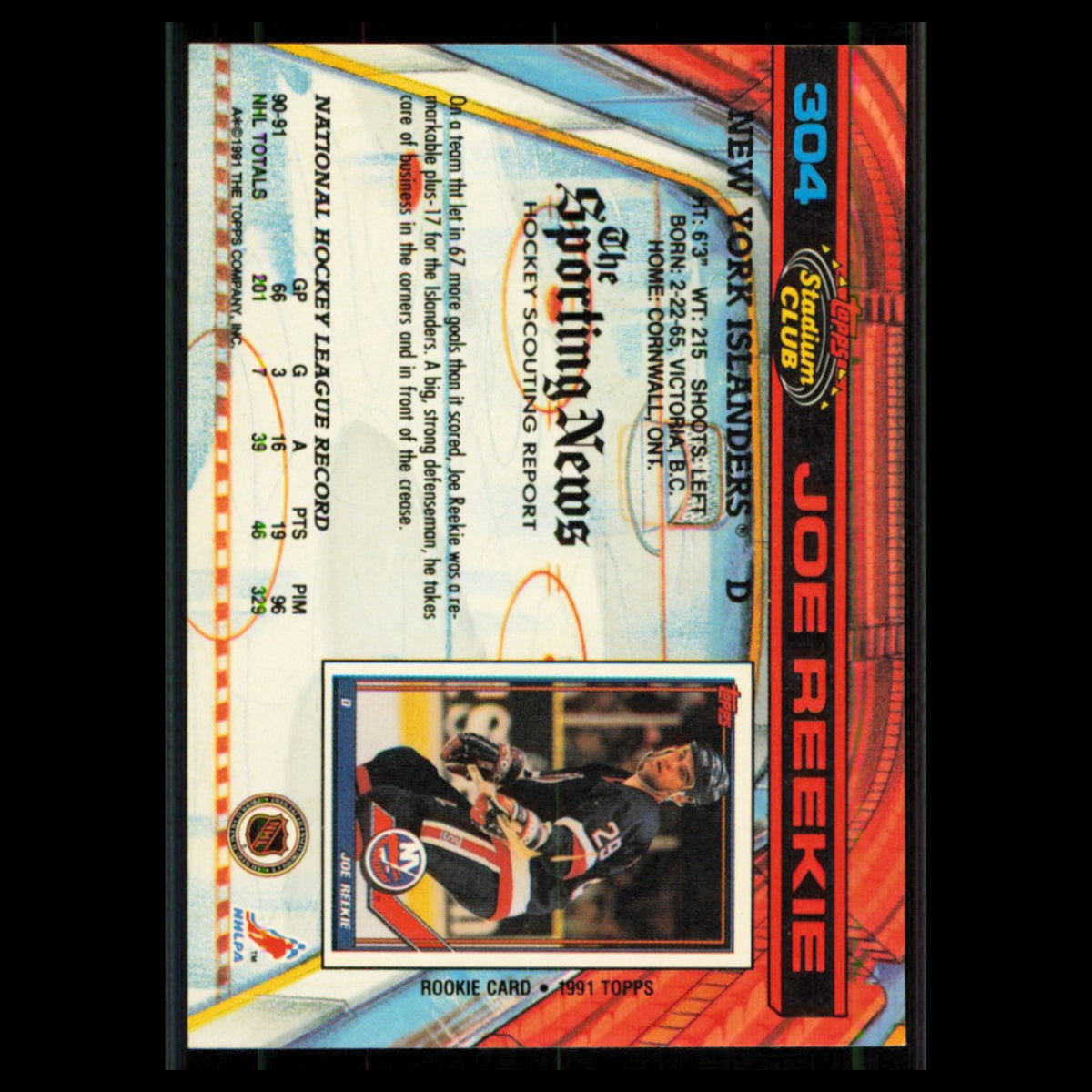 Joe Reekie #304 1991 Topps Stadium Club New York Islanders Hockey Card NHL NM
