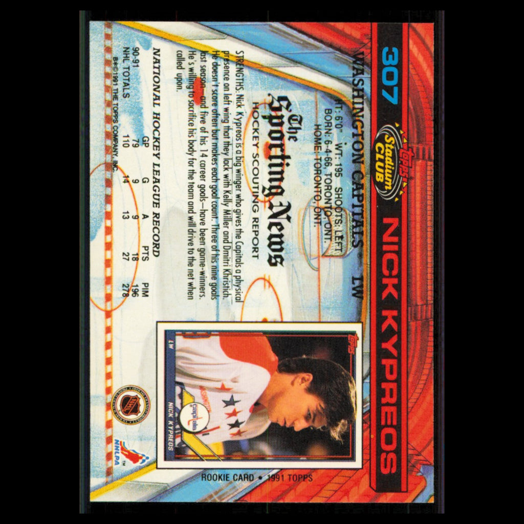 Nick Kypreos #307 1991 Topps Stadium Club Washington Capitals Hockey Card NHL NM