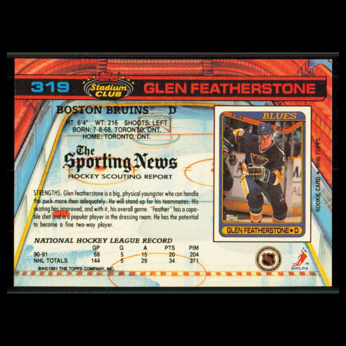 Glen Featherstone #319 1991 Topps Stadium Club St. Louis Blues Hockey Card NHL