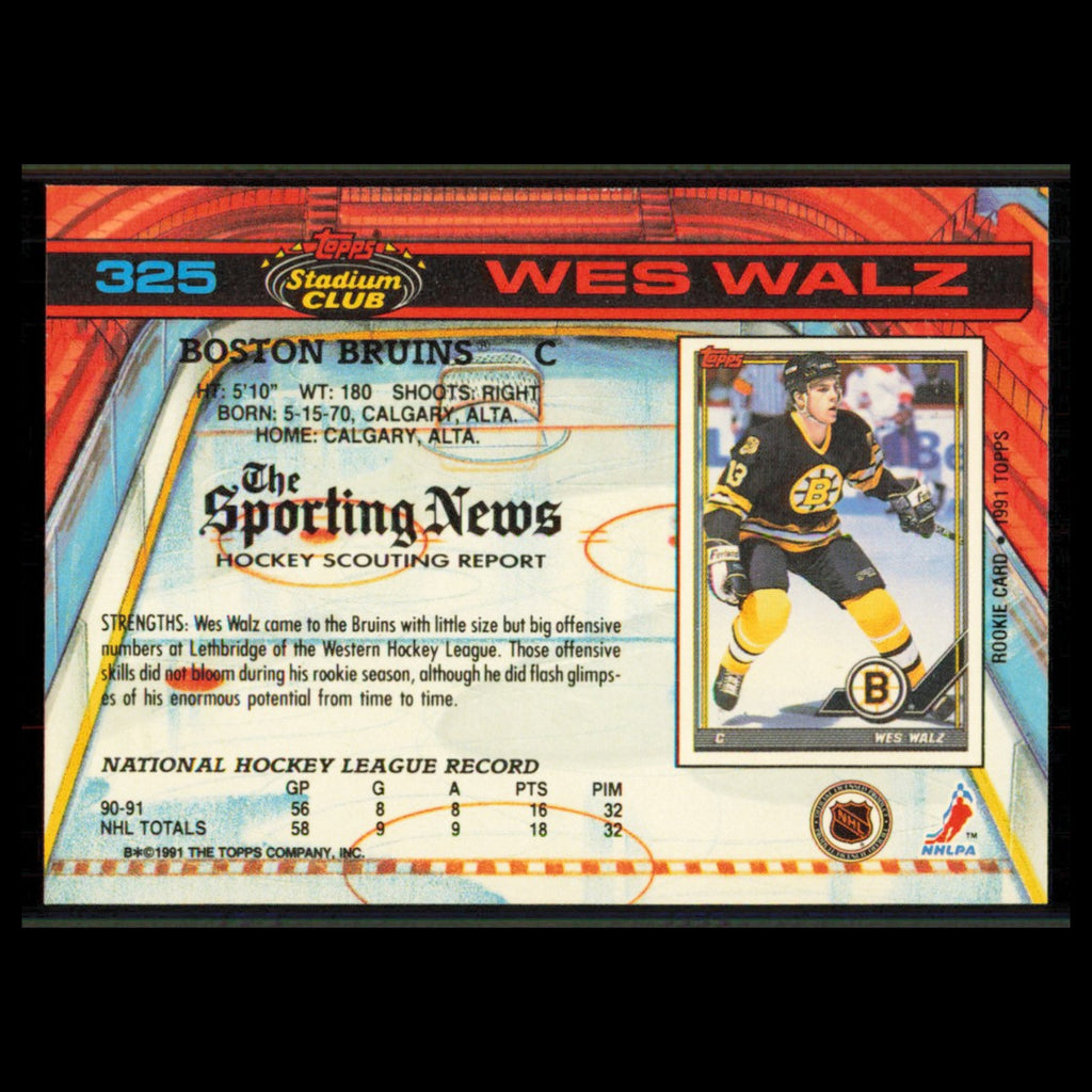 Wes Walz #325 1991 Topps Stadium Club Boston Bruins Hockey Card NHL NM