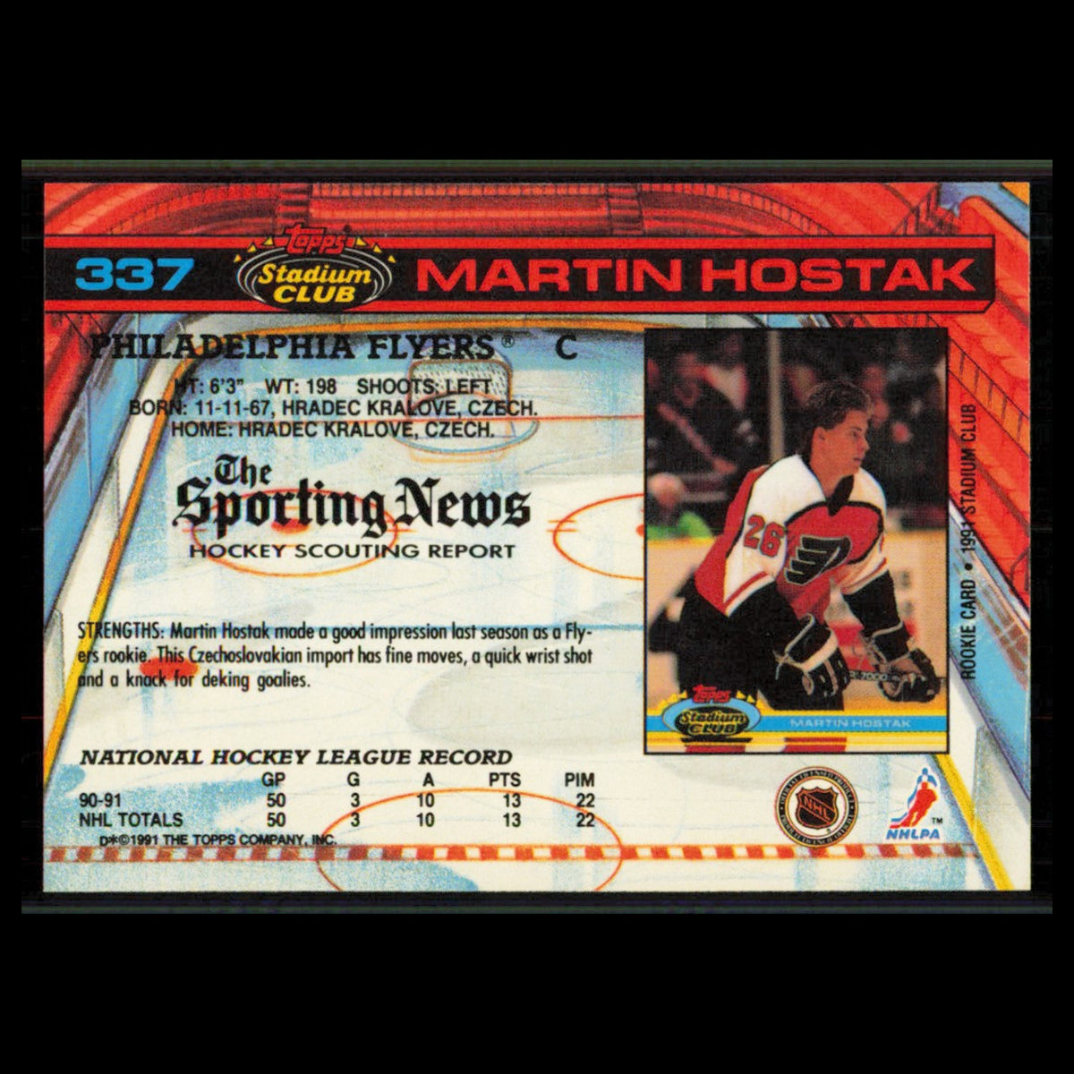 Martin Hostak #337 1991 Topps Stadium Club Philadelphia Flyers Hockey Card NHL