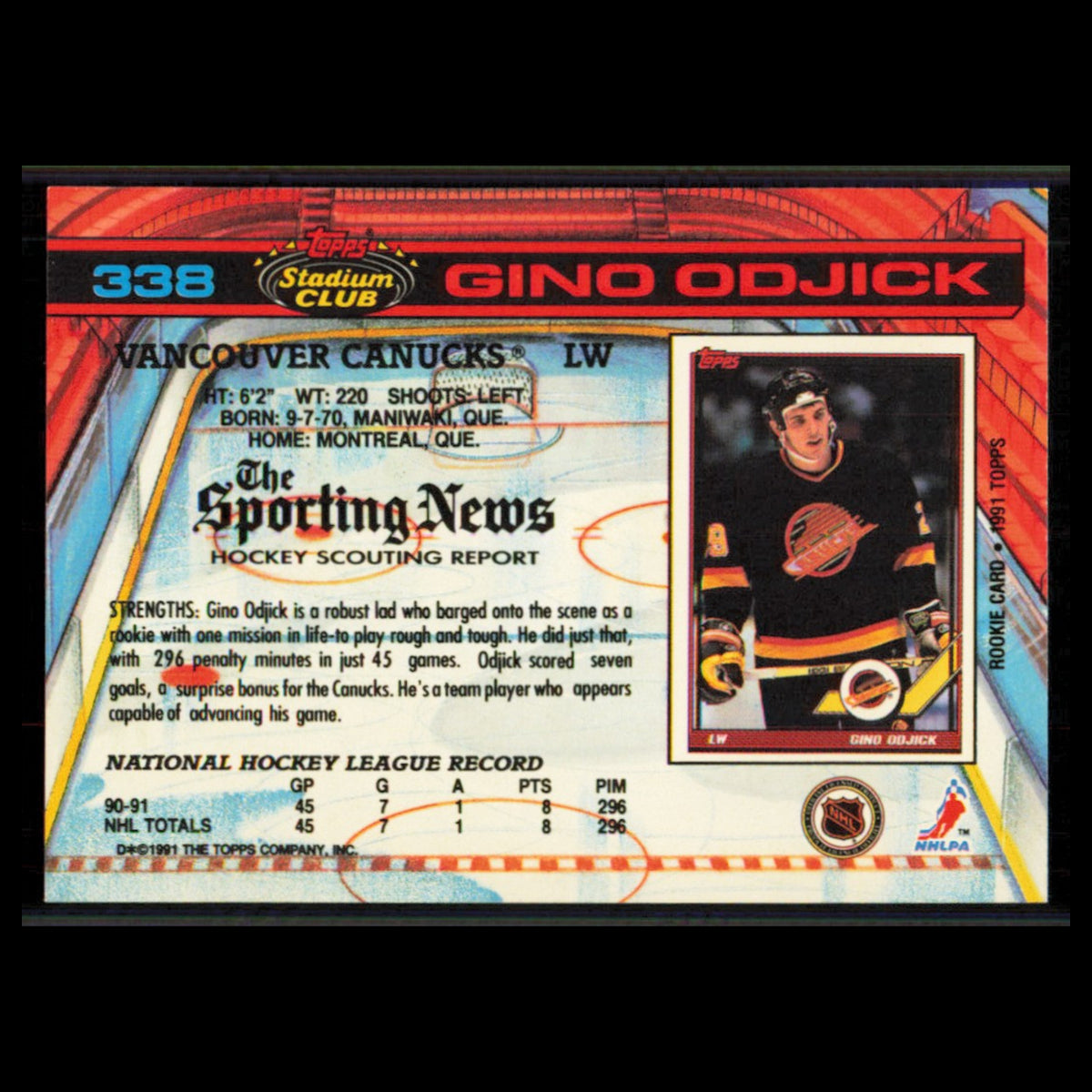 Gino Odjick #338 1991 Topps Stadium Club Vancouver Canucks Hockey Card NHL NM