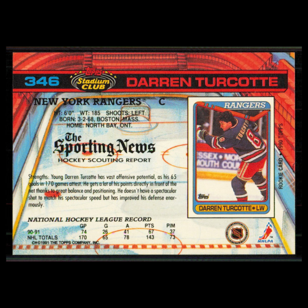 Darren Turcotte #346 1991 Topps Stadium Club New York Rangers Hockey Card NHL NM