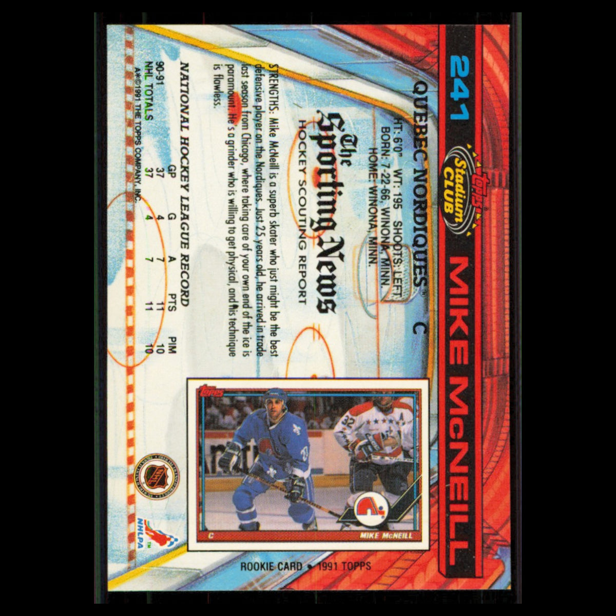 Mike McNeill #241 1991 Topps Stadium Club Quebec Nordiques Hockey Card NHL NM