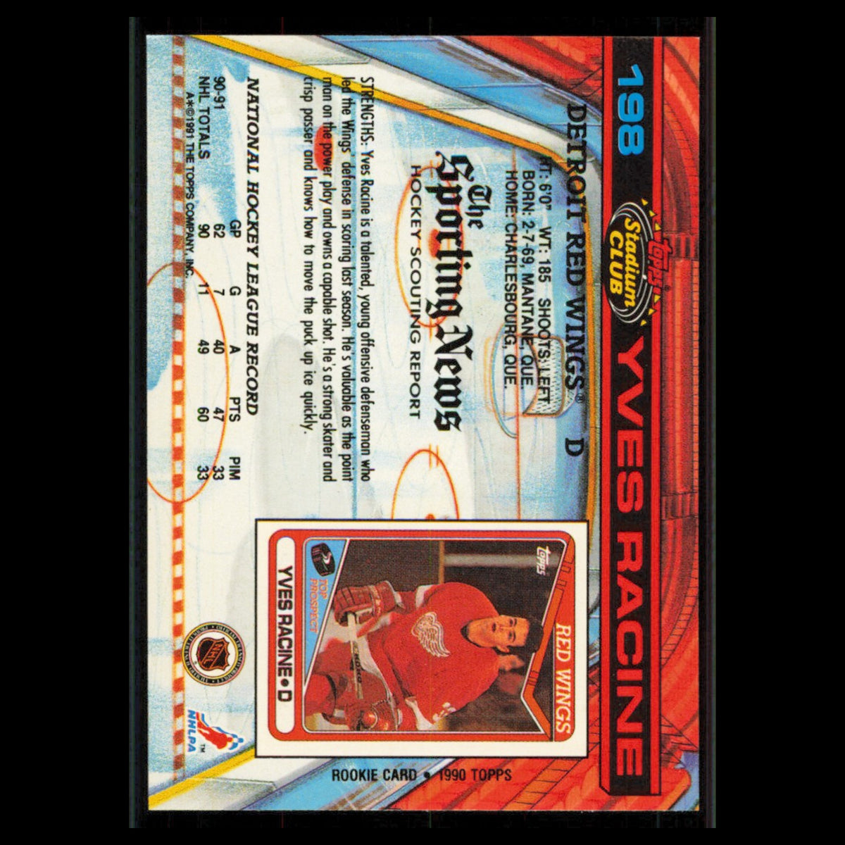 Yves Racine #198 1991 Topps Stadium Club Detroit Red Wings Hockey Card NHL NM