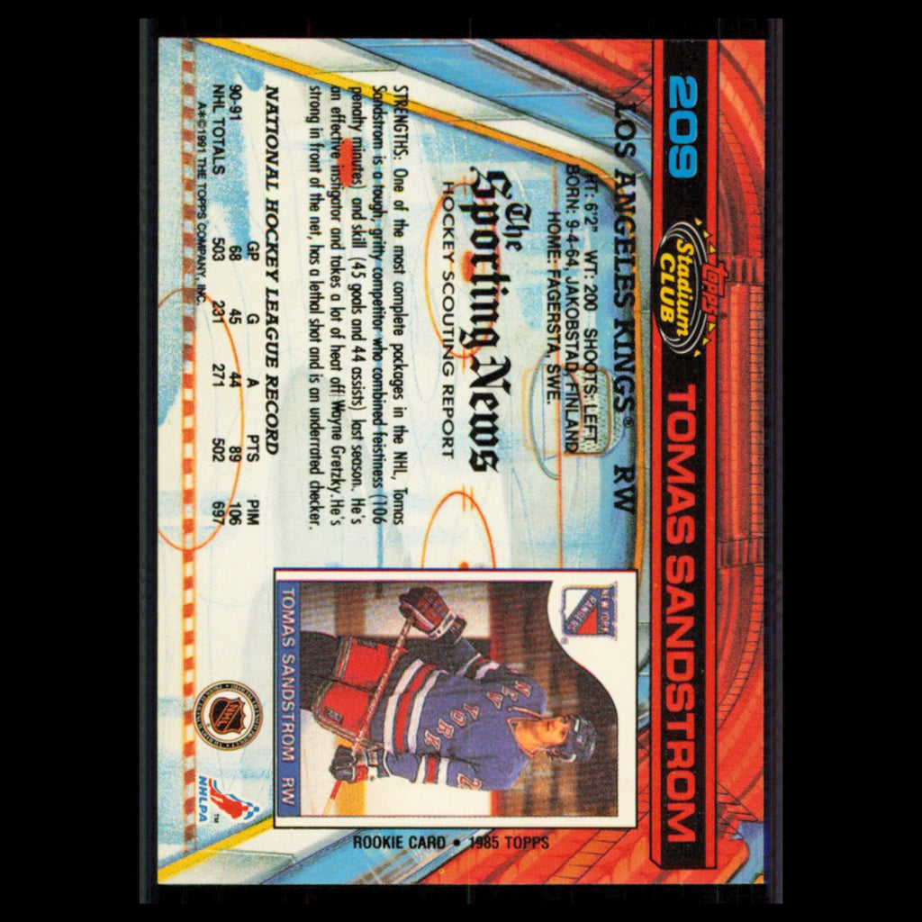 Tomas Sandstrom #209 1991 Topps Stadium Club Los Angeles Kings Hockey Card NHL