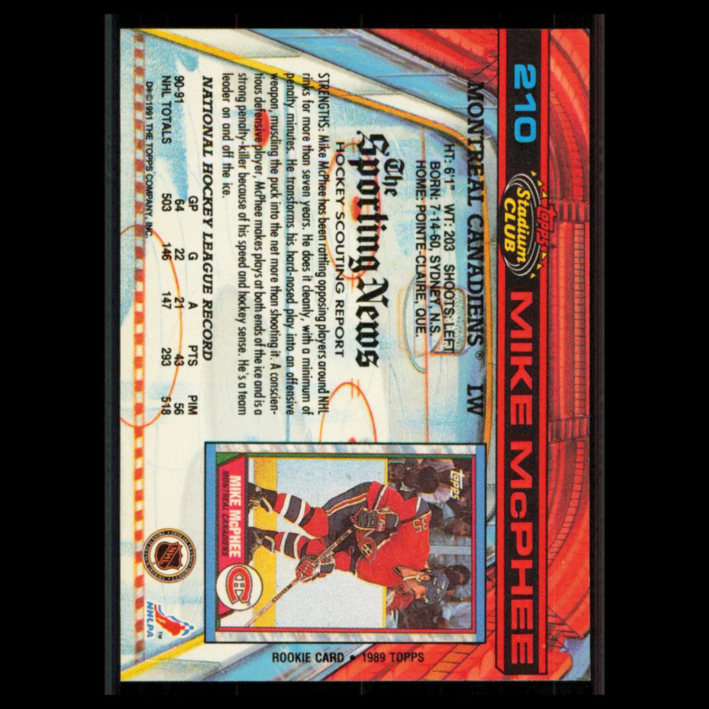 Mike McPhee #210 1991 Topps Stadium Club Montreal Canadiens Hockey Card NHL NM
