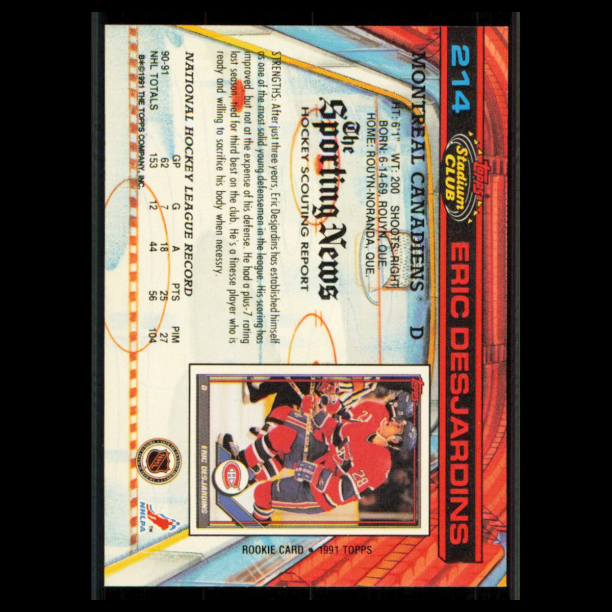 Eric Desjardins #214 1991 Topps Stadium Club Montreal Canadiens Hockey Card NHL