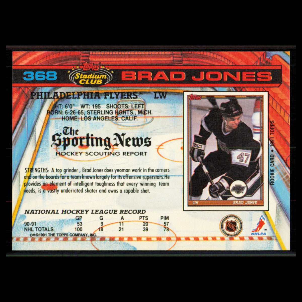 Brad Jones Rookie #368 1991 Topps Stadium Club Philadelphia Flyers Hockey Card