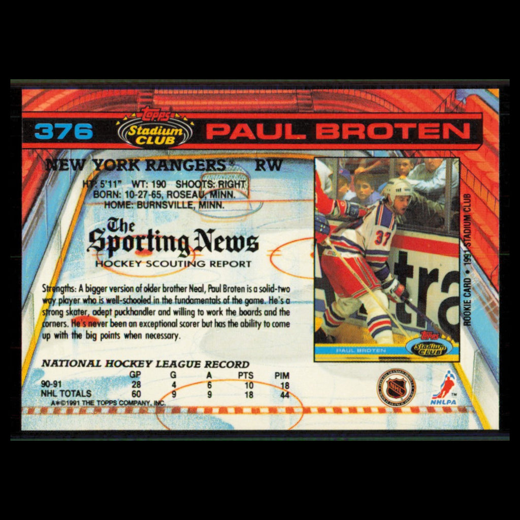 Paul Broten #376 1991 Topps Stadium Club New York Rangers Hockey Card NHL NM