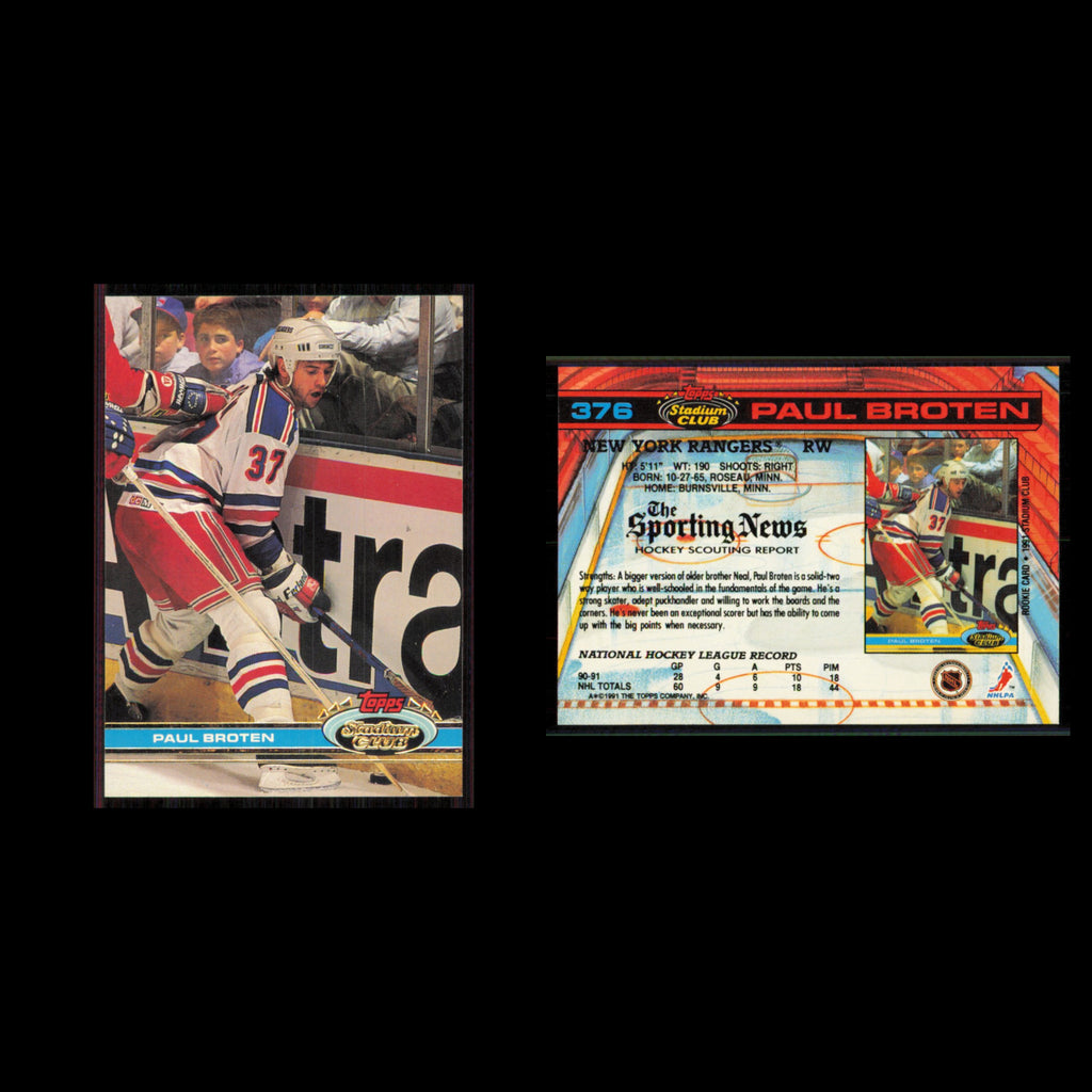 Paul Broten #376 1991 Topps Stadium Club New York Rangers Hockey Card NHL NM