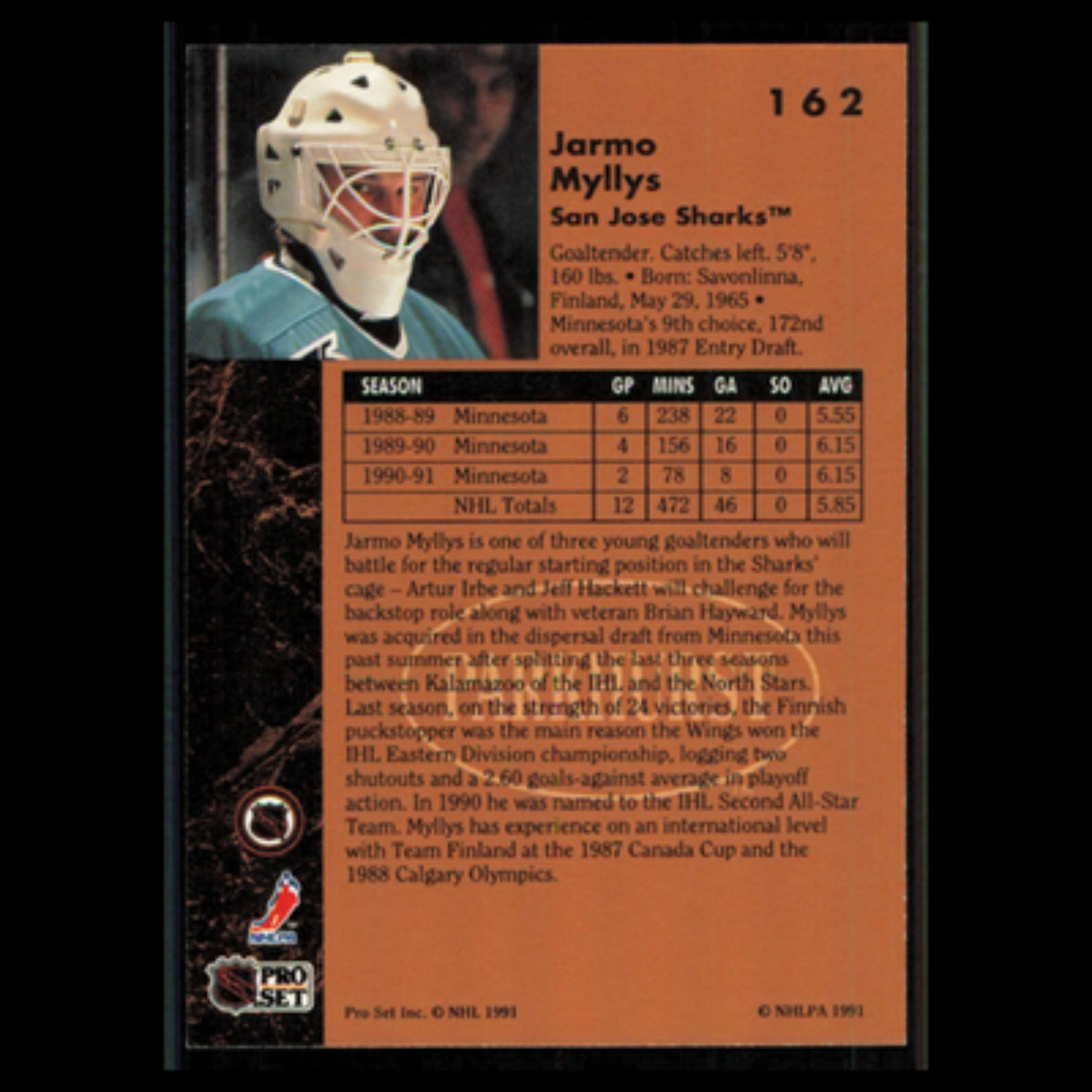 Jarmo Myllys #162 1991 Parkhurst San Jose Sharks Hockey Card NHL NM
