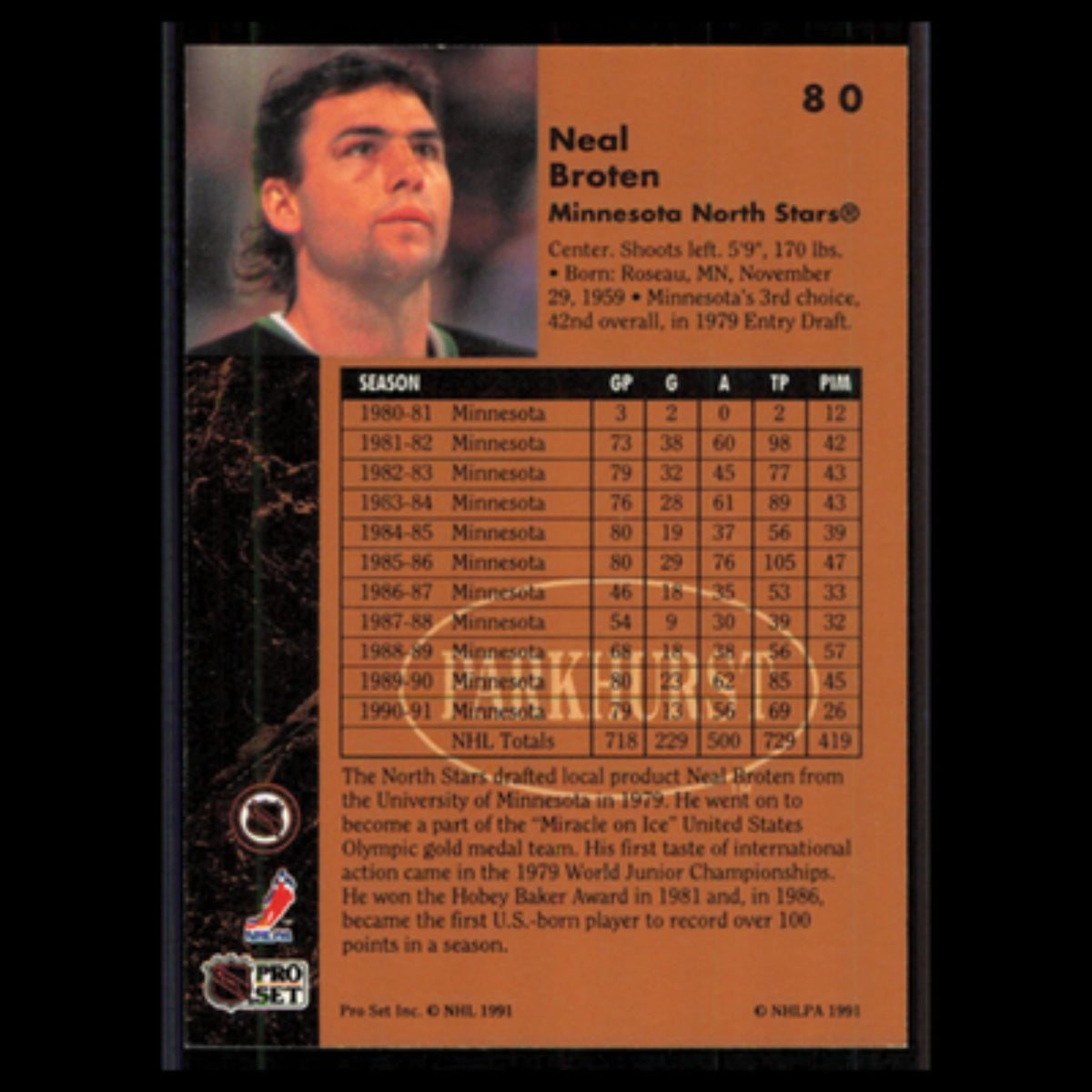 Neal Broten #80 1991 Parkhurst Minnesota North Stars Hockey Card NHL NM