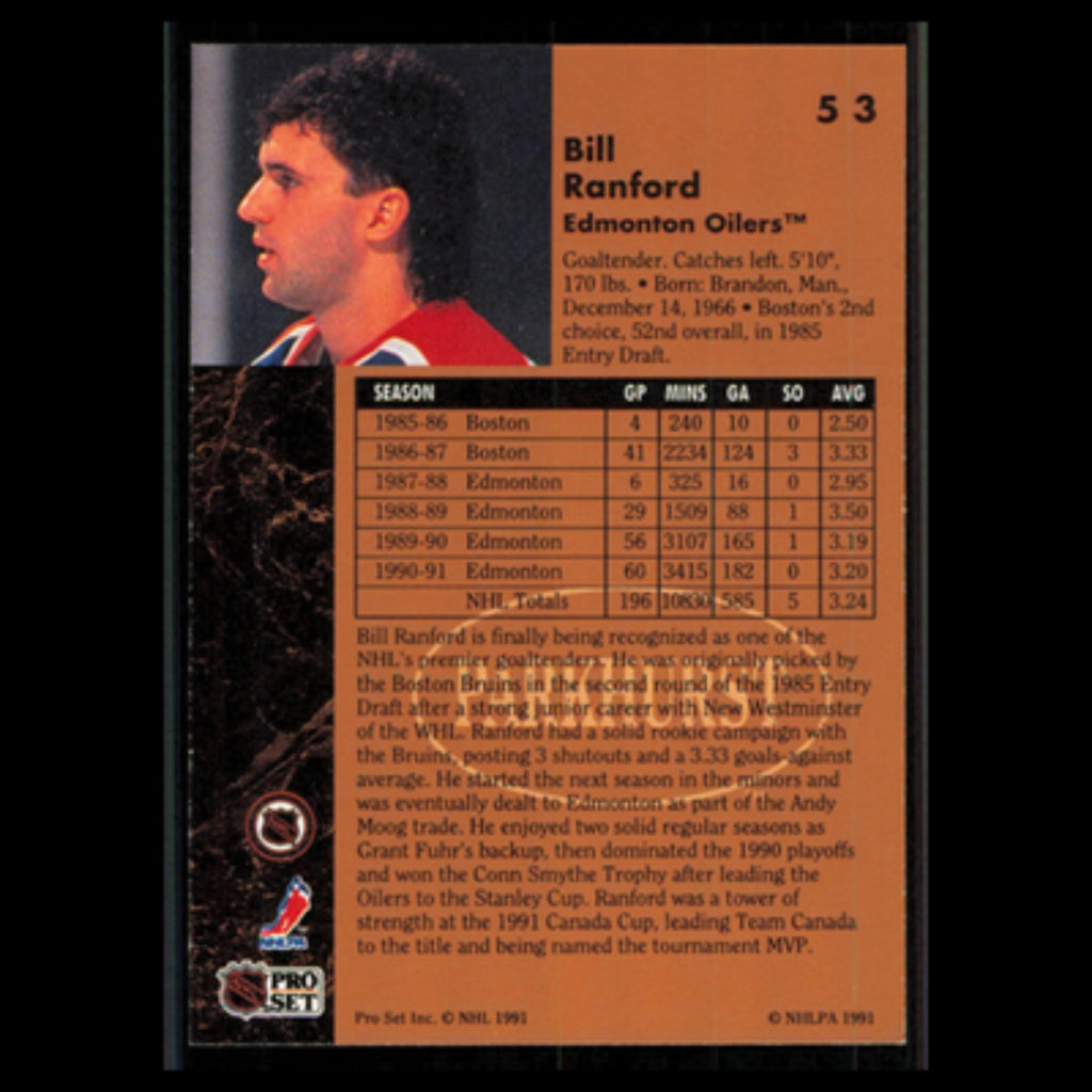 Bill Ranford #53 1991 Parkhurst Edmonton Oilers Hockey Card NHL NM