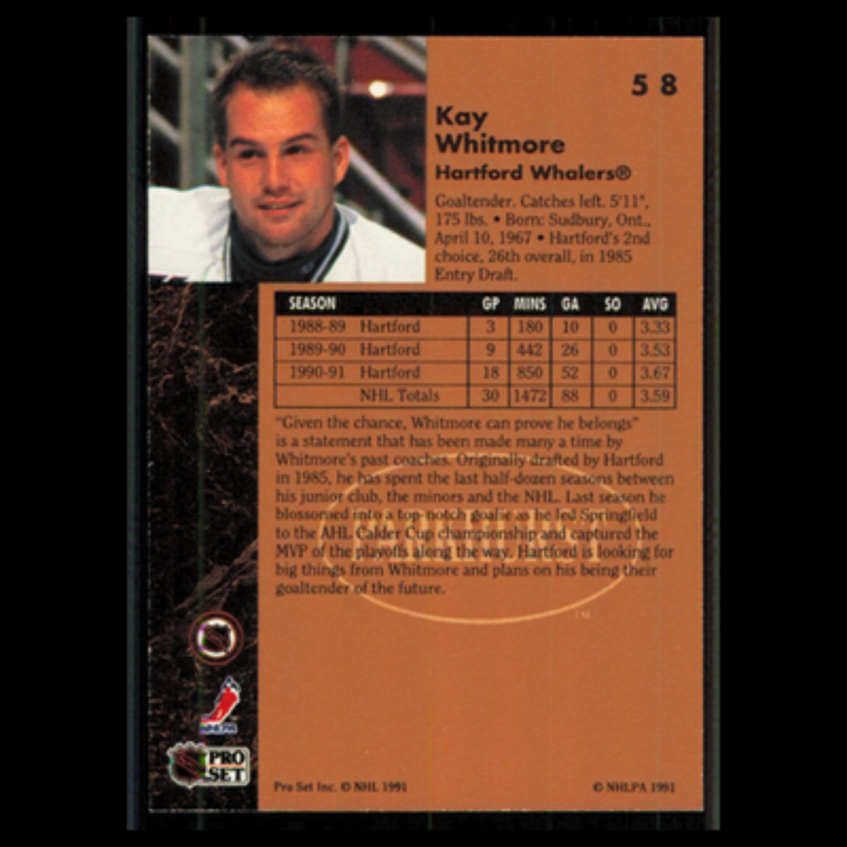 Kay Whitmore #58 1991 Parkhurst Hartford Whalers Hockey Card NHL NM