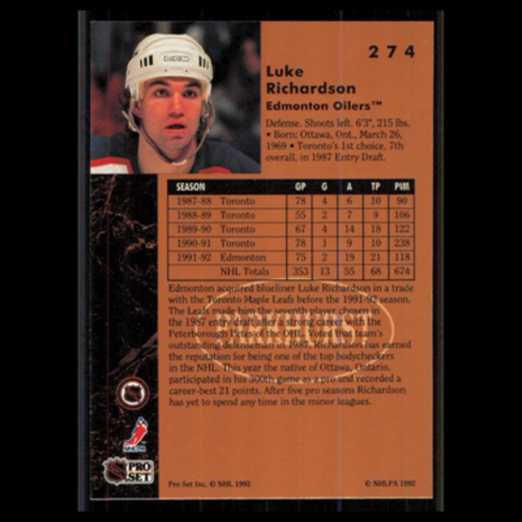 Luke Richardson #274 1991 Parkhurst Edmonton Oilers Hockey Card NHL NM