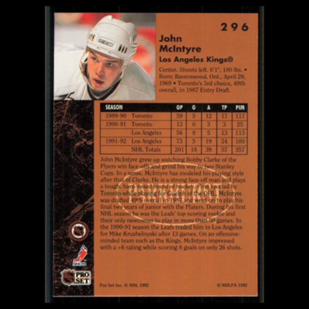 John McIntyre #296 1991 Parkhurst Los Angeles Kings Hockey Card NHL NM