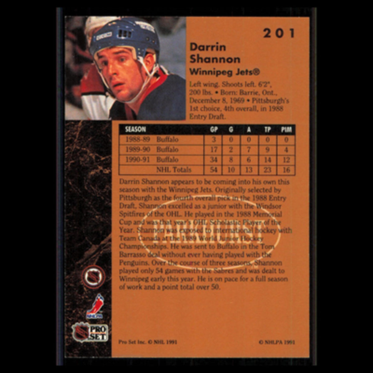 Darrin Shannon #201 1991 Parkhurst Winnipeg Jets Hockey Card NHL NM