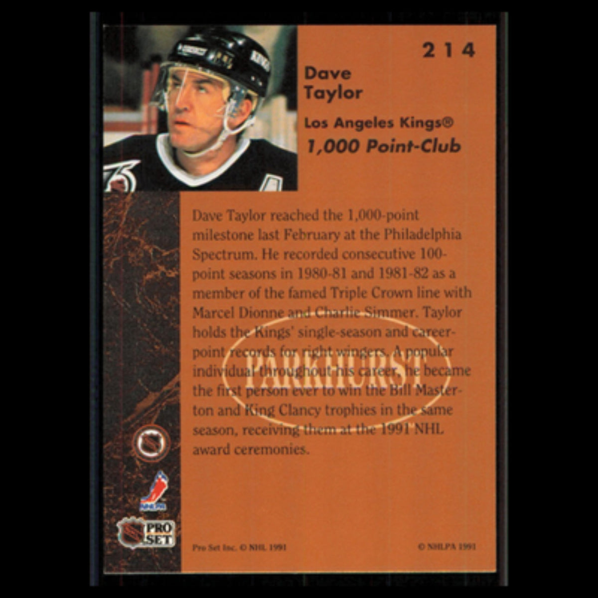 Dave Taylor #214 1991 Parkhurst Los Angeles Kings Hockey Card NHL NM