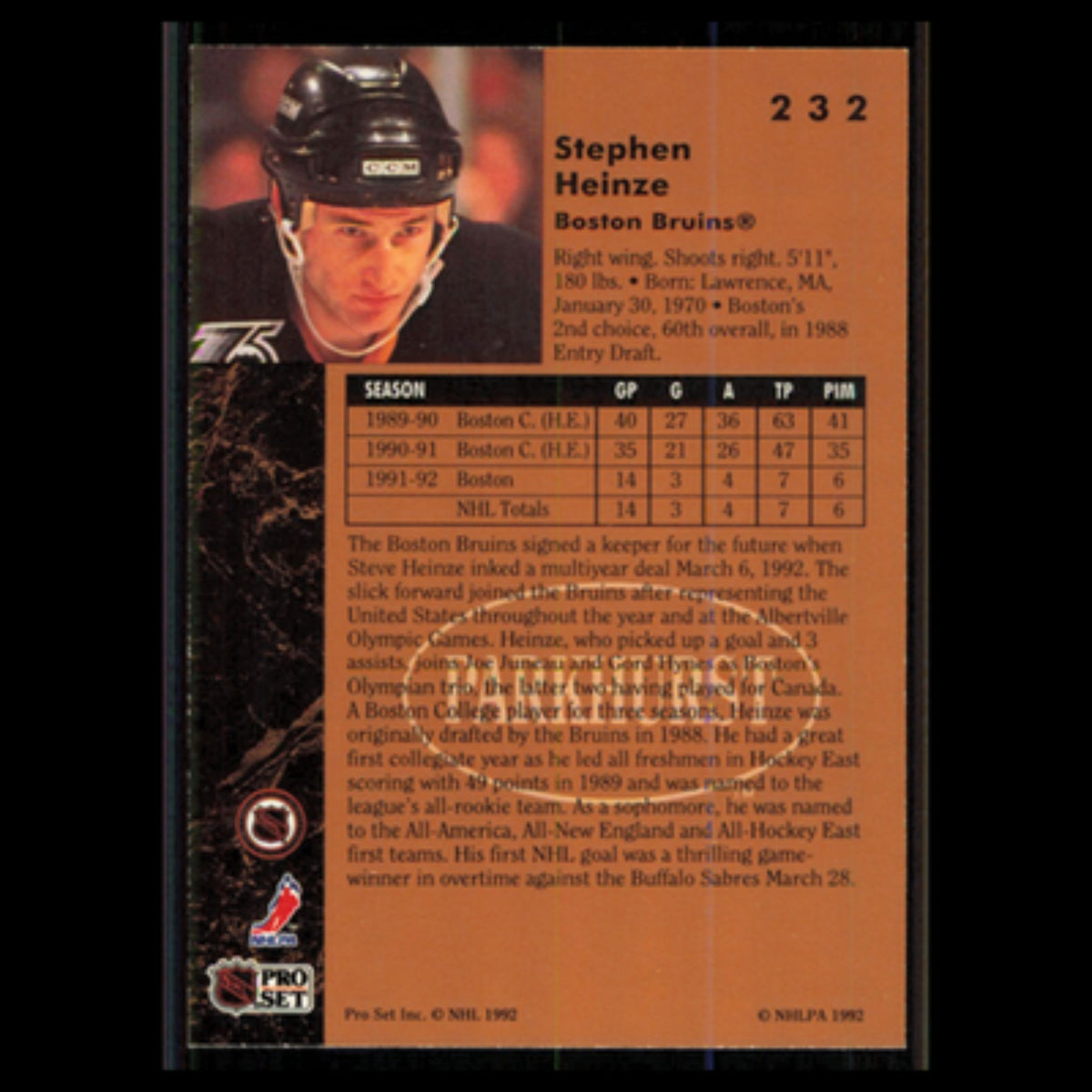 Stephen Heinze #232 1991 Parkhurst Boston Bruins Hockey Card NHL NM