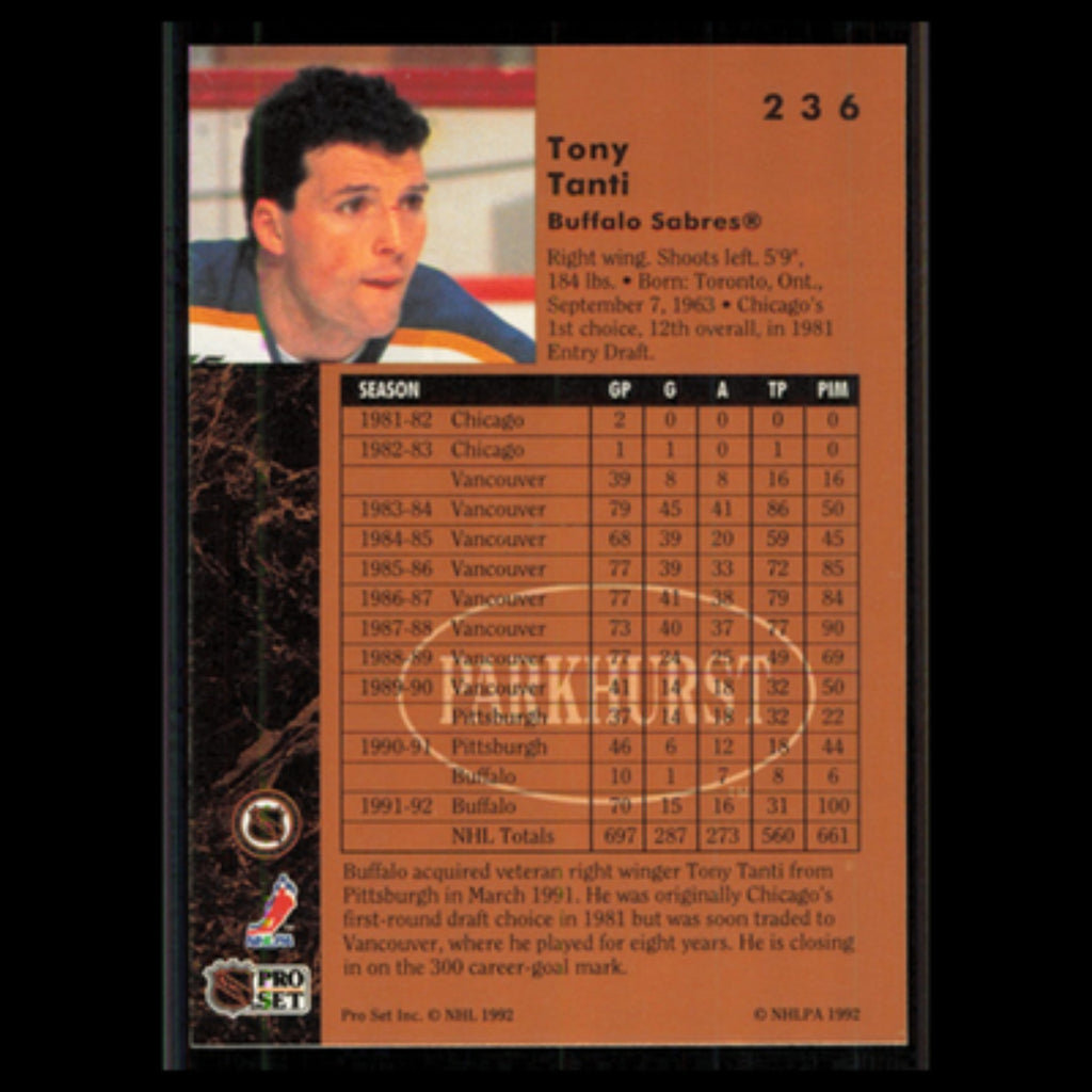 Tony Tanti #236 1991 Parkhurst Buffalo Sabres Hockey Card NHL NM