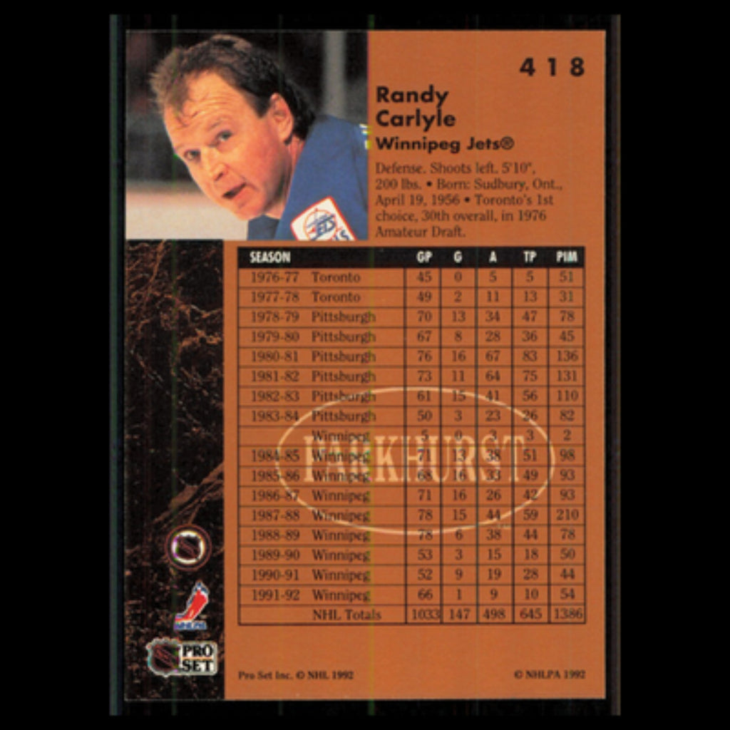 Randy Carlyle #418 1991 Parkhurst Winnipeg Jets Hockey Card NHL NM
