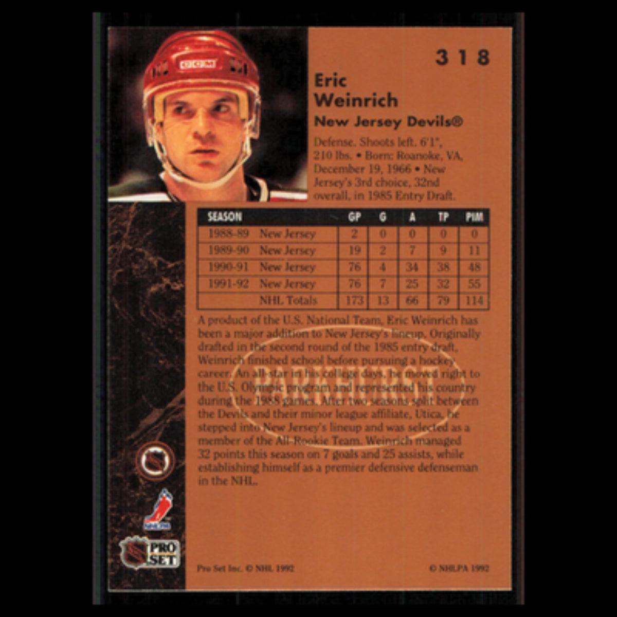 Eric Weinrich #318 1991 Parkhurst New Jersey Devils Hockey Card NHL NM