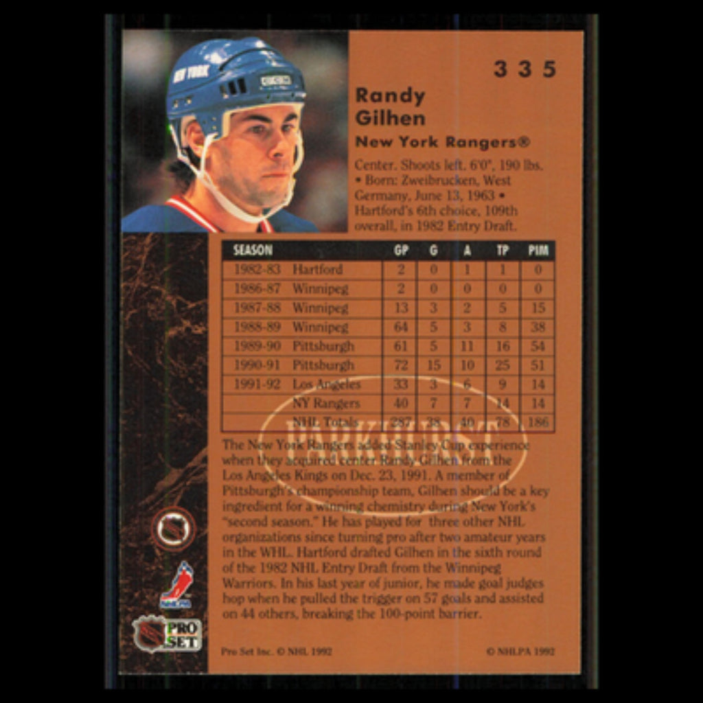 Randy Gilhen #335 1991 Parkhurst New York Rangers Hockey Card NHL NM