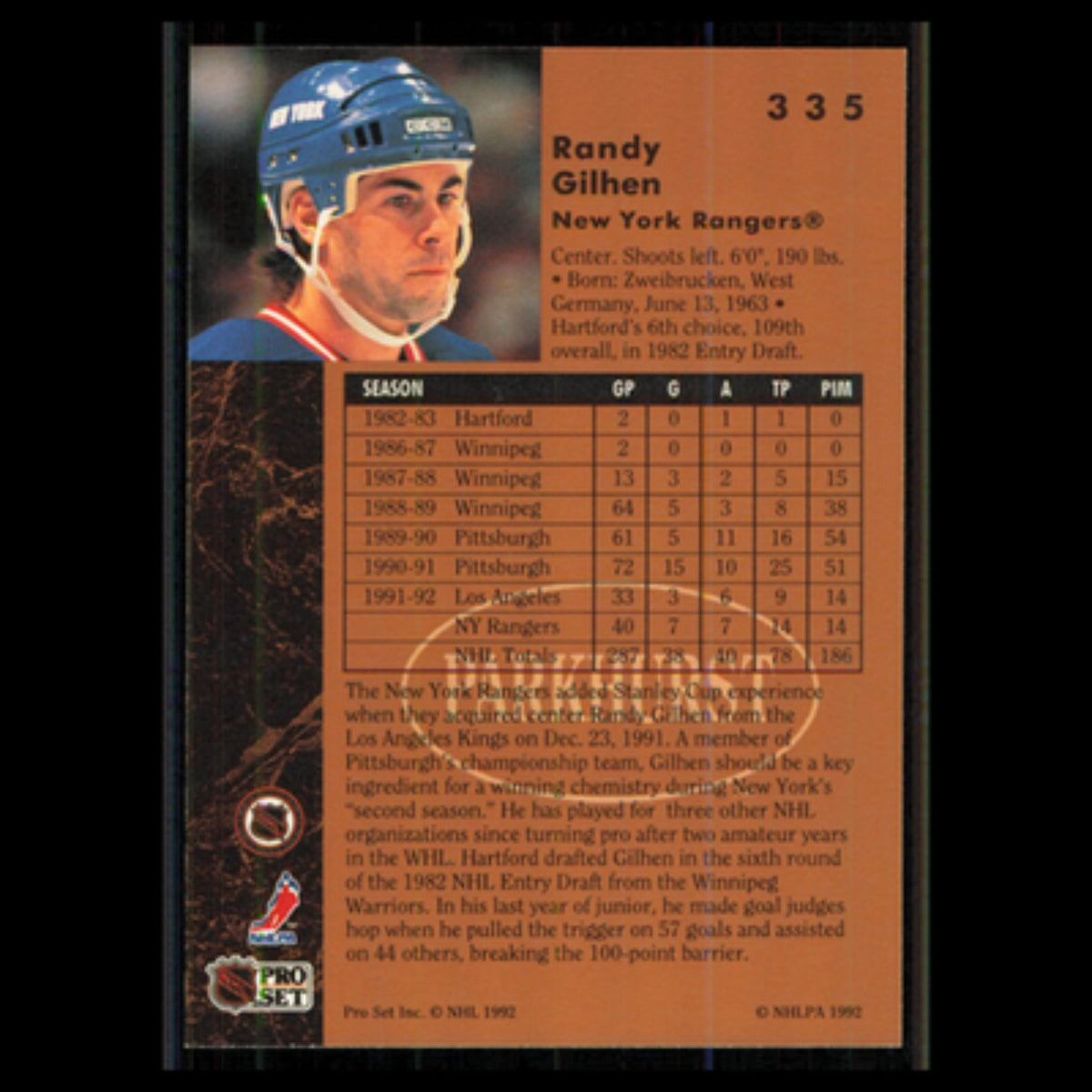Randy Gilhen #335 1991 Parkhurst New York Rangers Hockey Card NHL NM