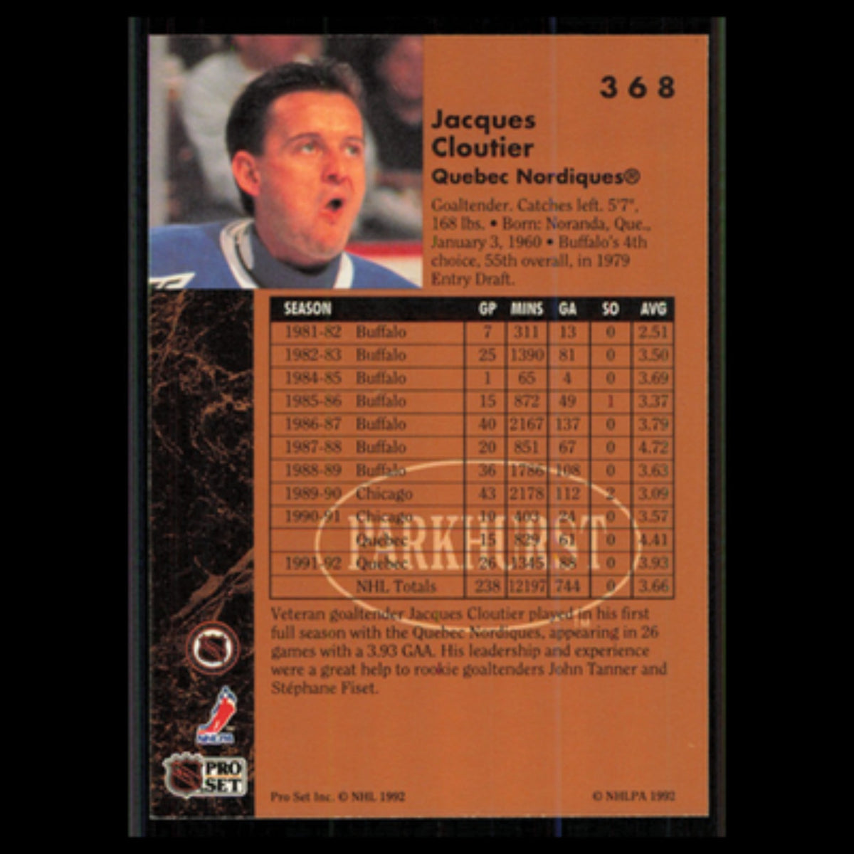 Jacques Cloutier #368 1991 Parkhurst Quebec Nordiques Hockey Card NHL NM