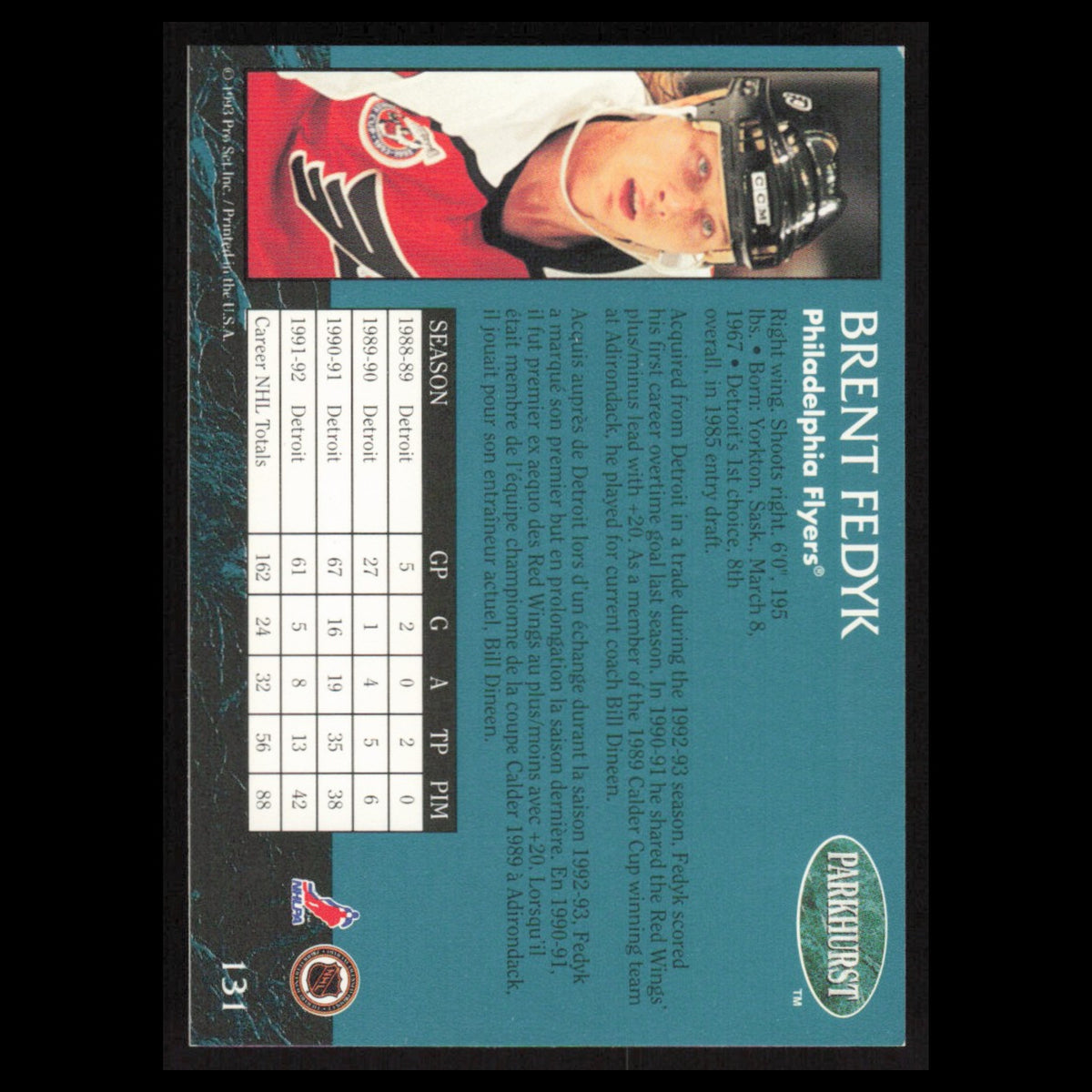 Brent Fedyk #131 1992 Parkhurst Philadelphia Flyers Hockey Card NHL NM