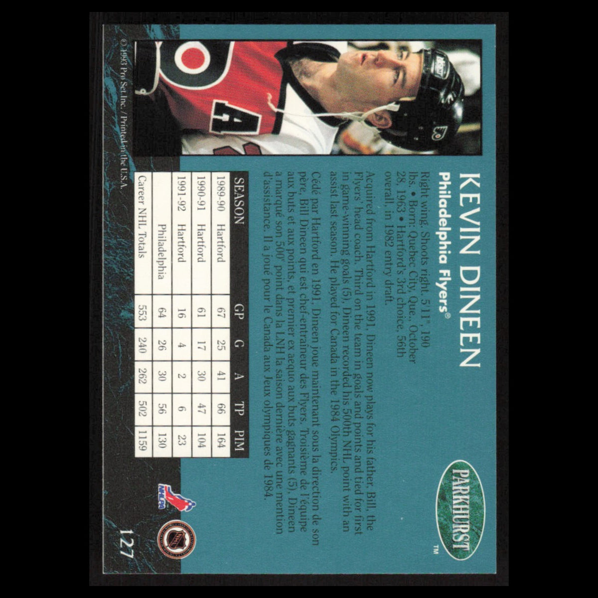 Kevin Dineen #127 1992 Parkhurst Philadelphia Flyers Hockey Card NHL NM