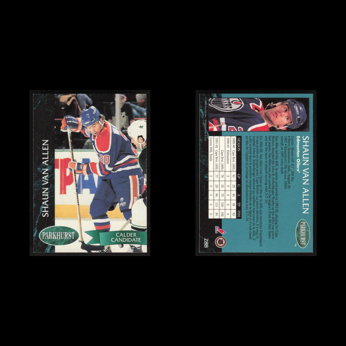Shaun Van Allen #288 1992 Parkhurst Edmonton Oilers Hockey Card NHL NM