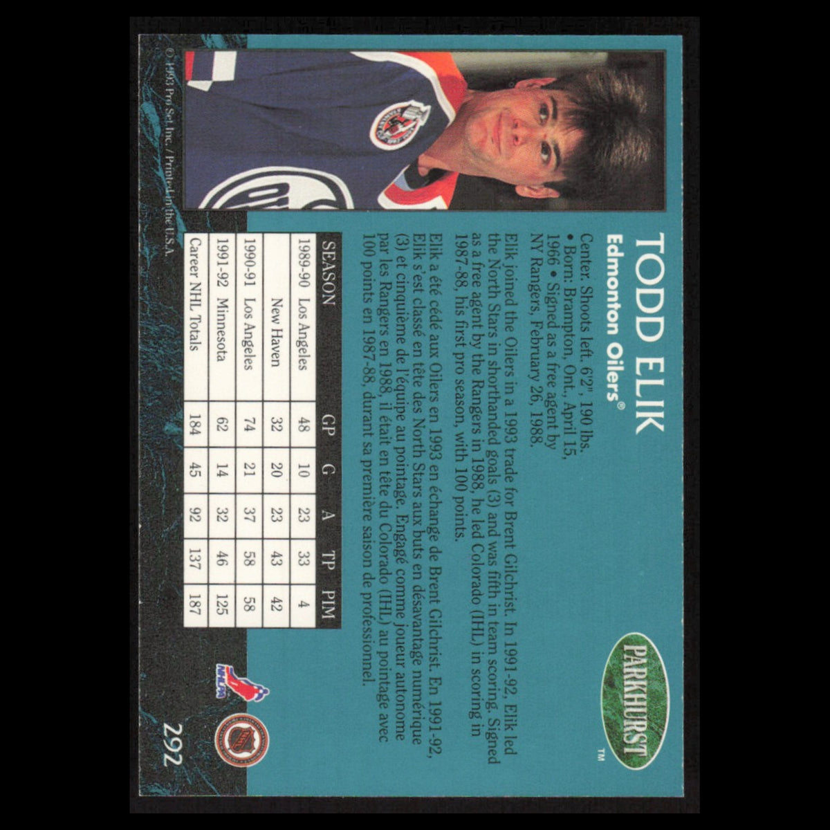 Todd Elik #292 1992 Parkhurst Edmonton Oilers Hockey Card NHL NM
