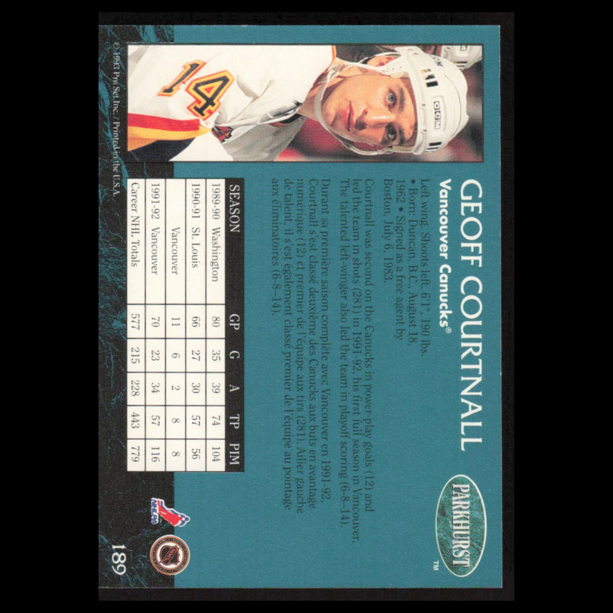 Geoff Courtnall #189 1992 Parkhurst Vancouver Canucks Hockey Card NHL NM