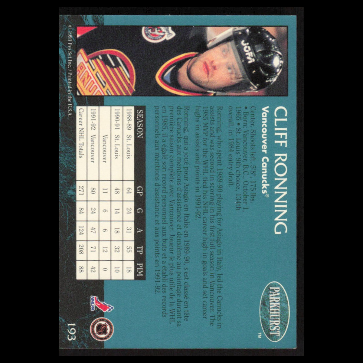Cliff Ronning #193 1992 Parkhurst Vancouver Canucks Hockey Card NHL NM