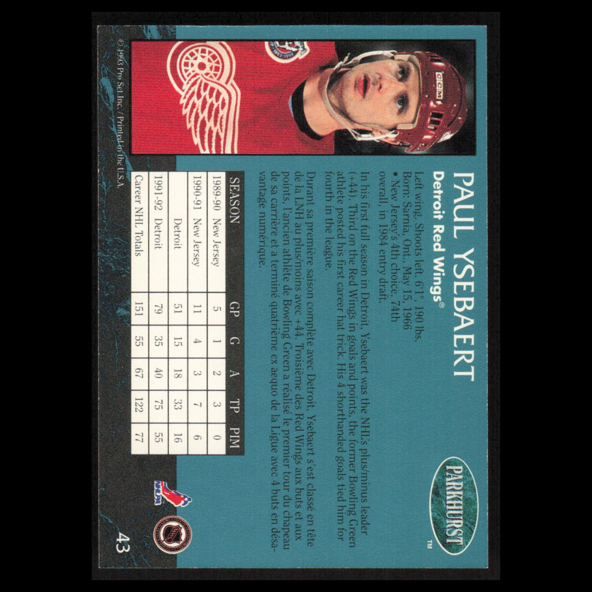 Paul Ysebaert #43 1992 Parkhurst Detroit Red Wings Hockey Card NHL NM
