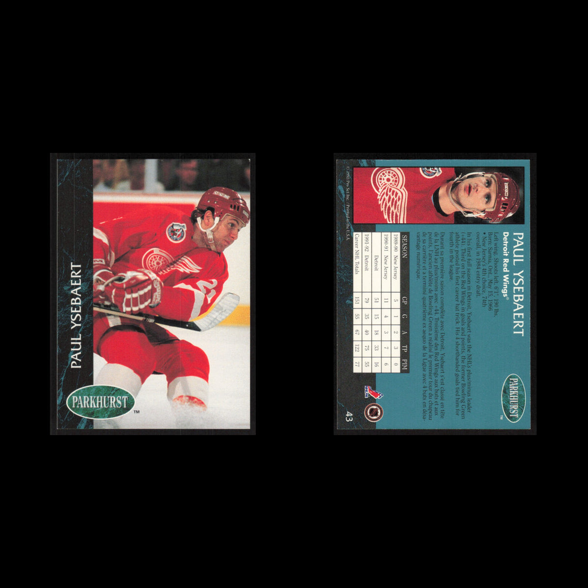 Paul Ysebaert #43 1992 Parkhurst Detroit Red Wings Hockey Card NHL NM