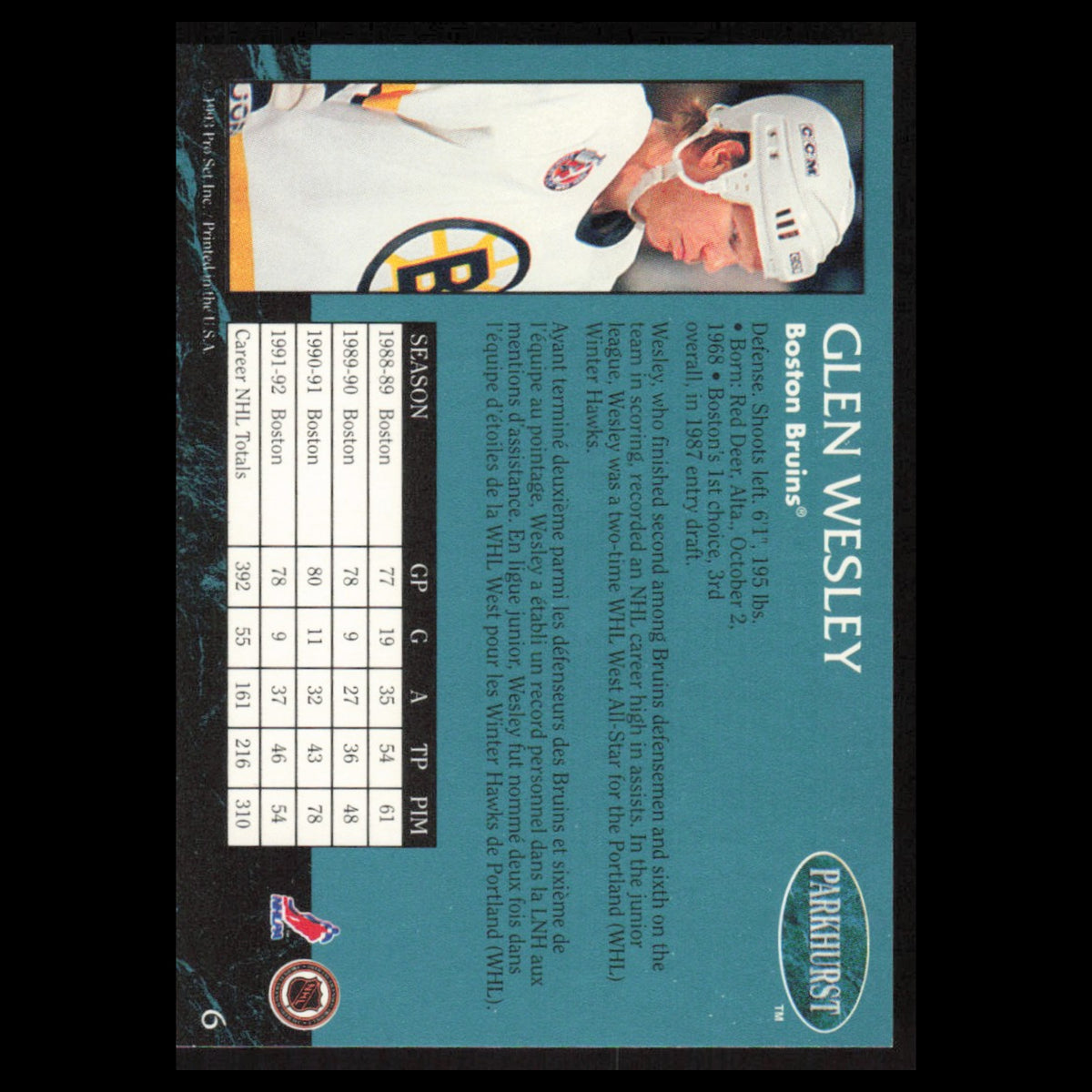 Glen Wesley #6 1992 Parkhurst Boston Bruins Hockey Card NHL NM