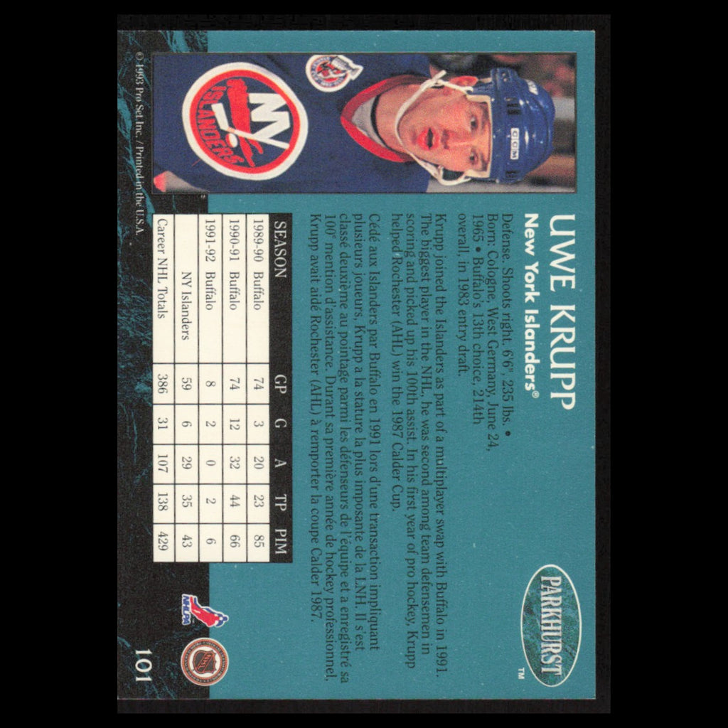 Uwe Krupp #101 1992 Parkhurst New York Islanders Hockey Card NHL NM