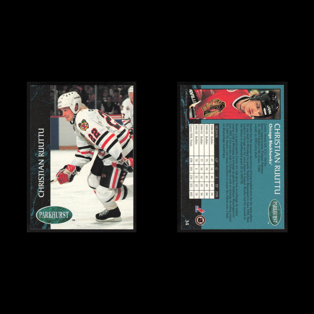Christian Ruuttu #34 1992 Parkhurst Chicago Blackhawks Hockey Card NHL NM