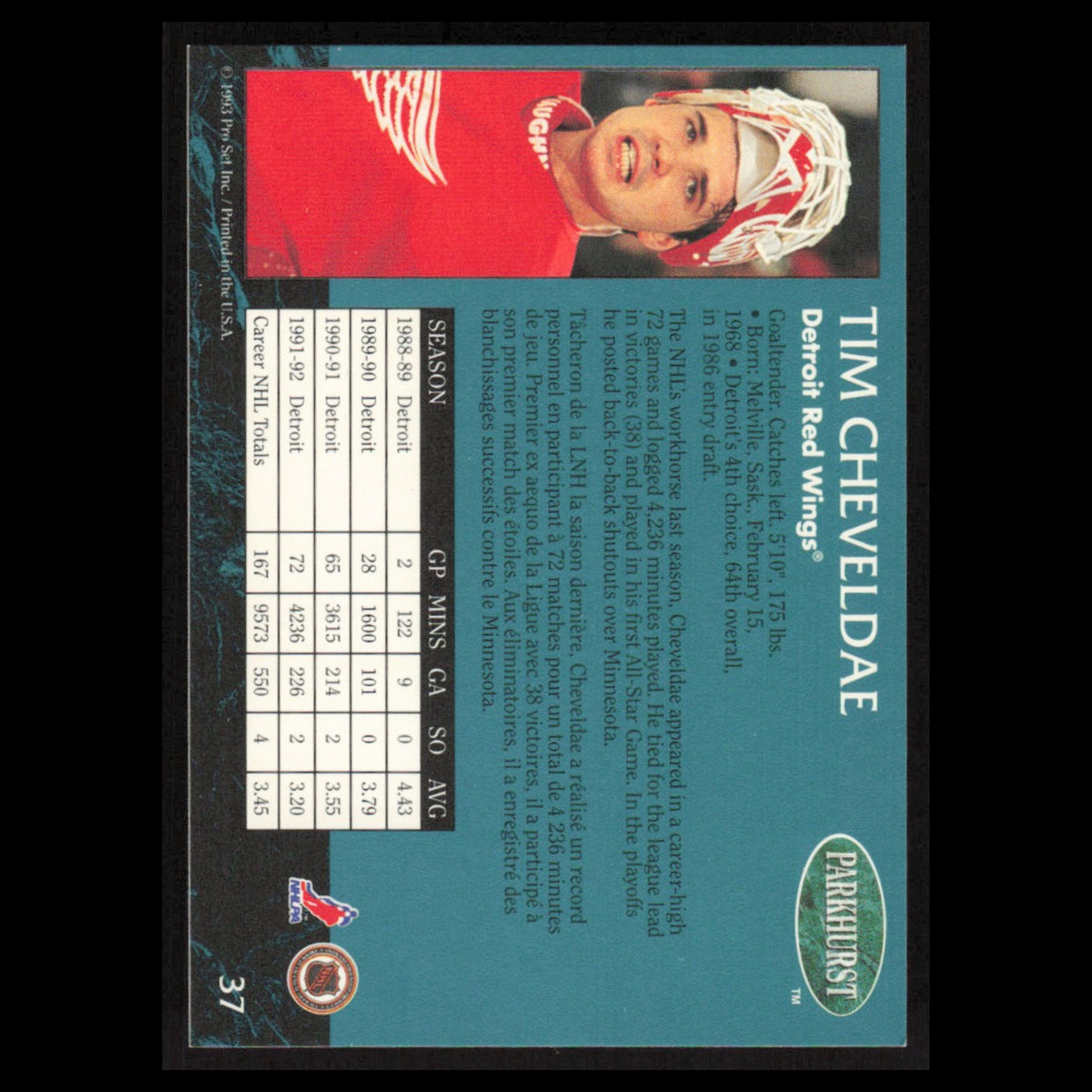 Tim Cheveldae #37 1992 Parkhurst Detroit Red Wings Hockey Card NHL NM