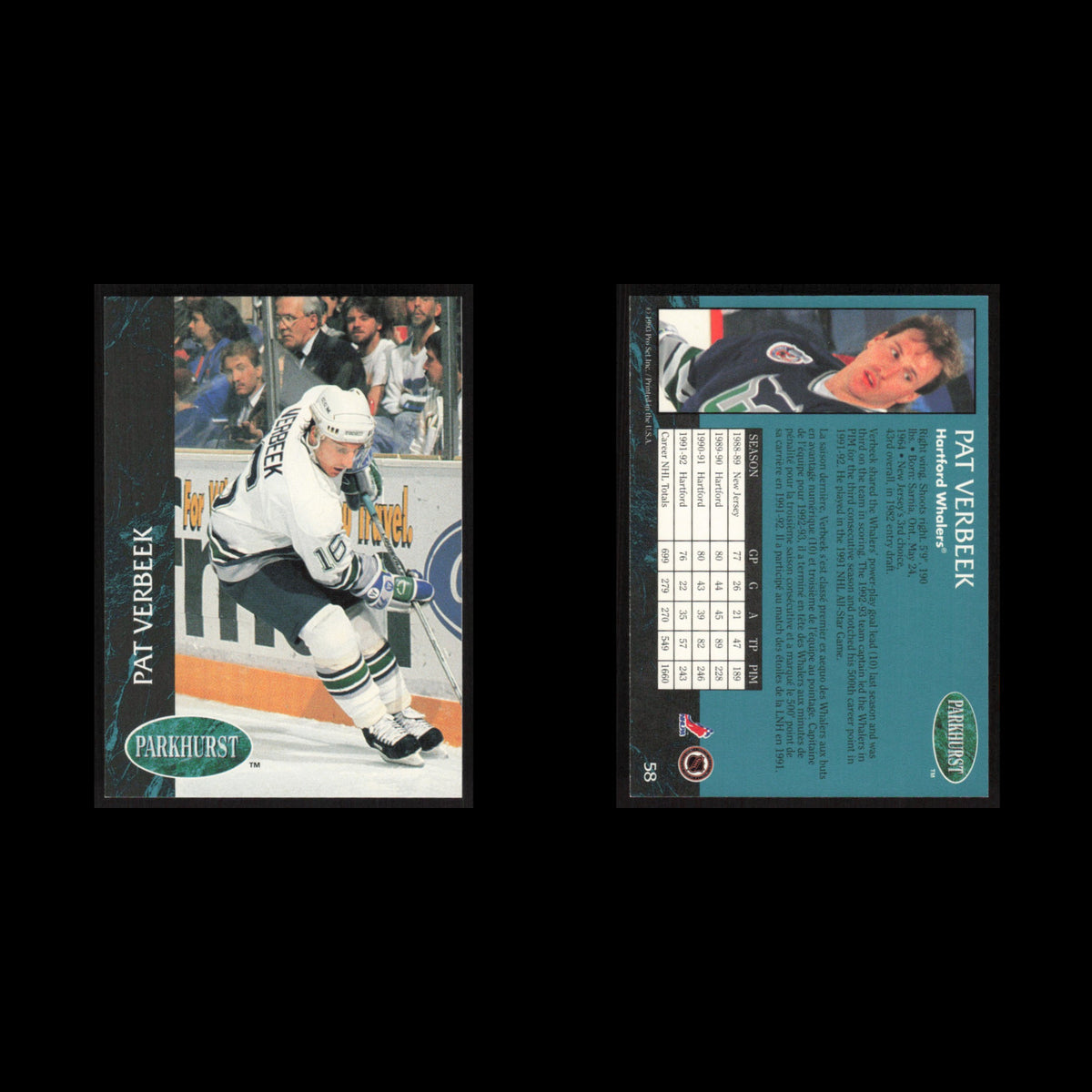 Pat Verbeek #58 1992 Parkhurst Hartford Whalers Hockey Card NHL NM