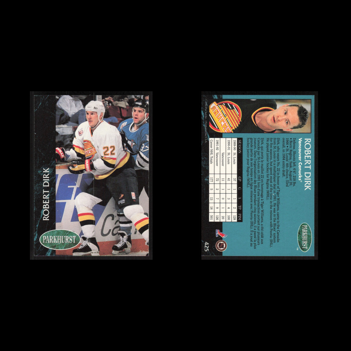 Robert Dirk #425 1992 Parkhurst Vancouver Canucks Hockey Card NHL NM
